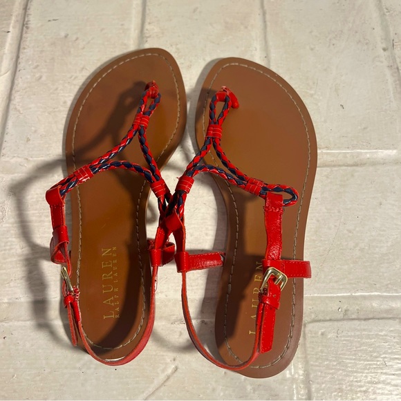 Lauren Ralph Lauren Alexa Red & Navy Rope Leather Thong Sandals Size 7.5B - Picture 3 of 9